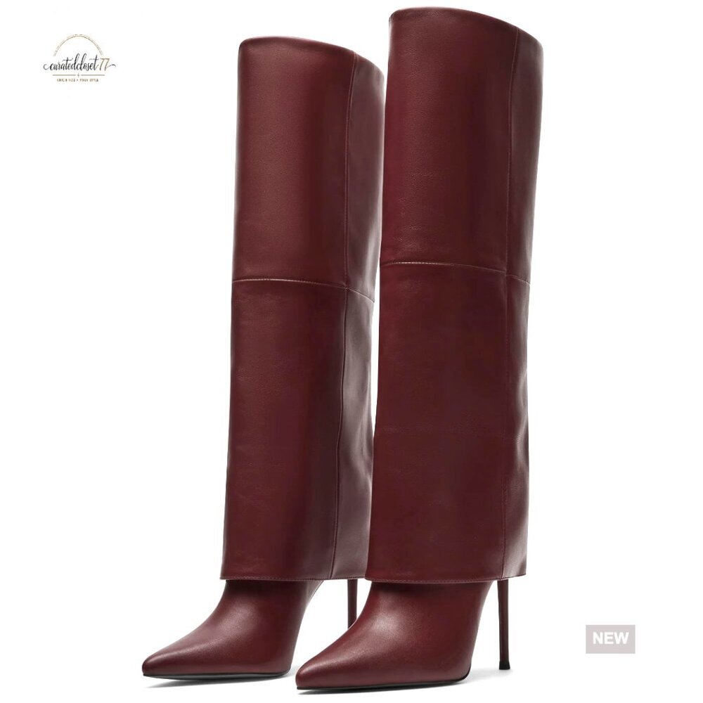 Knee High Stiletto Boots Fold Over Vegan Leather Pointed Toe Dress Boots